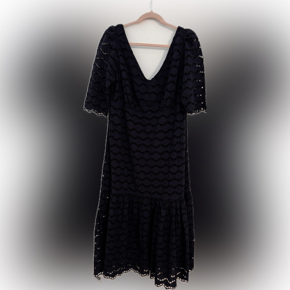 Gretchen Scott Navy Blue Cotton Eyelet Maxi Dress with Sleeves - Size Large - Picture 4 of 9